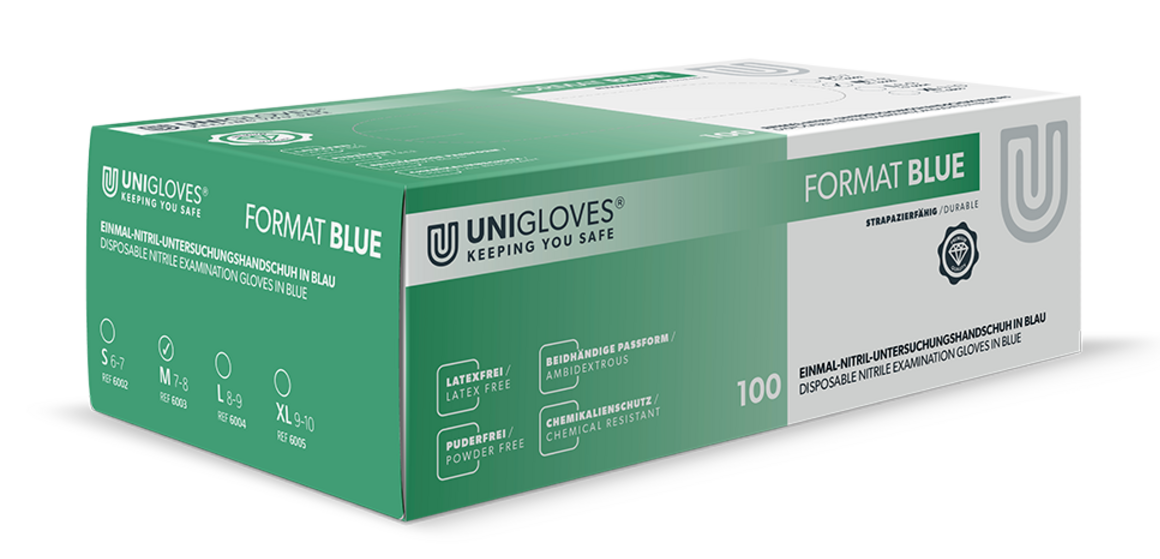 Unigloves Format Blue - EN 374 disposable nitrile gloves powder free blue