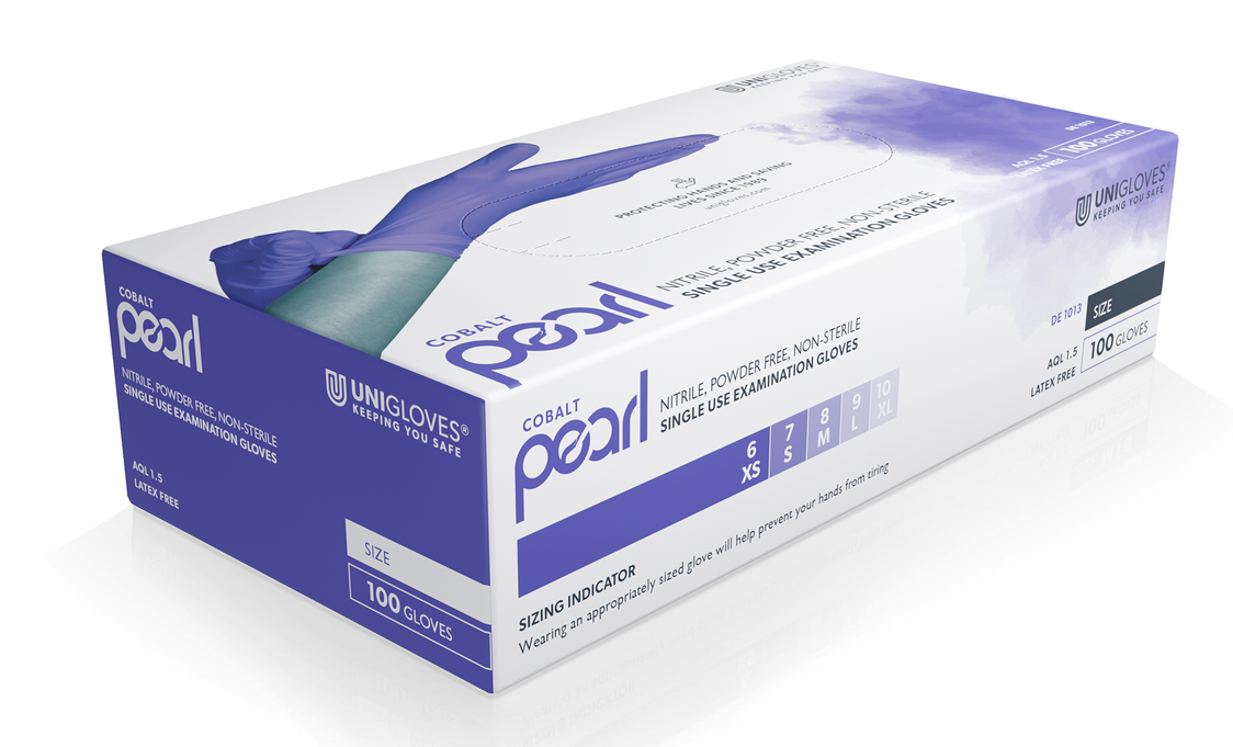 Unigloves Cobalt Pearl disposable nitrile gloves powder free 