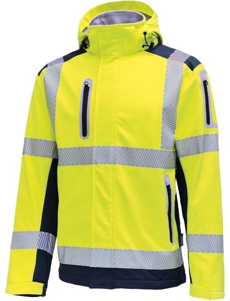 Vizwell VW177TY high visibility softshell jacket with hood fluorescent yellow navy